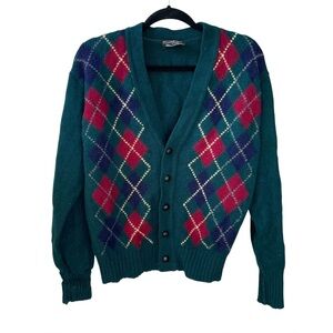 VINTAGE Preswick & Moore Shetland Wool Argyle Cardigan Sweater Green M